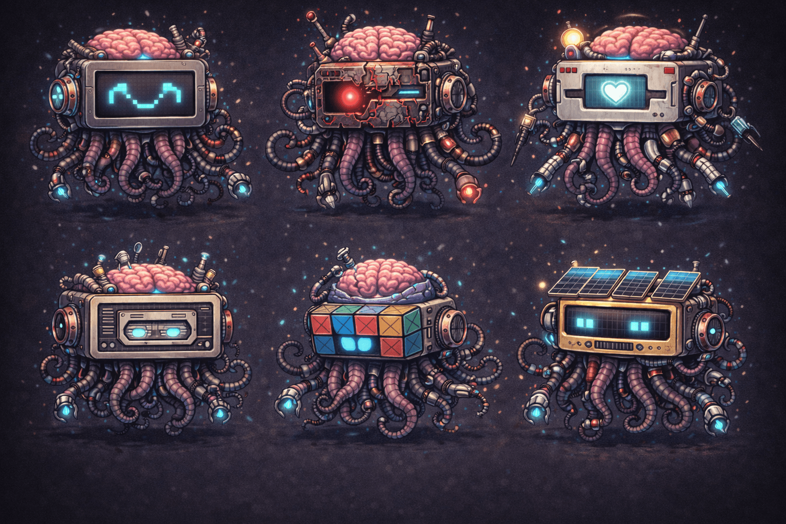 Six expressions of Cog-Bot — curious, determined, playful, contemplative, alert, warm